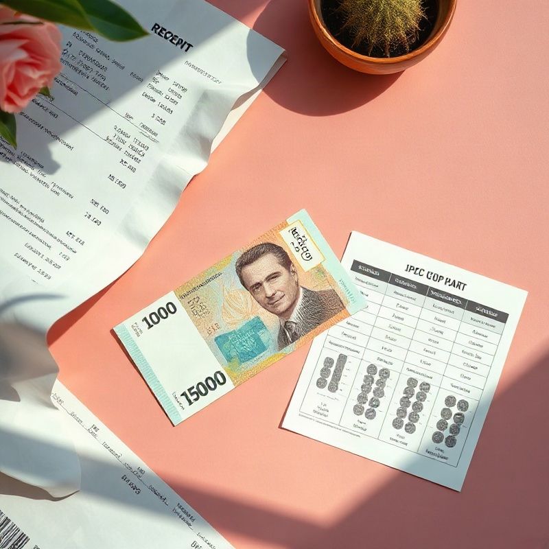 Billetes uruguayos, un ticket de supermercado y un gráfico del IPC sobre una superficie rosa